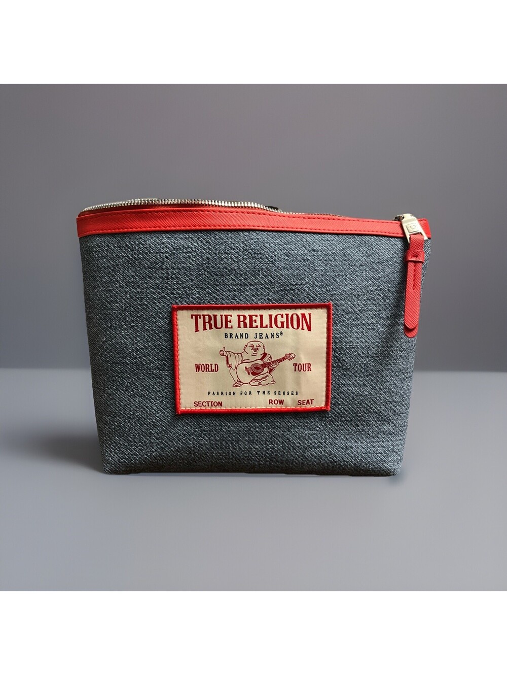 True Religion Denim Blue Cosmetics/Toiletry/Travel Bag w/ Red Accents NWT